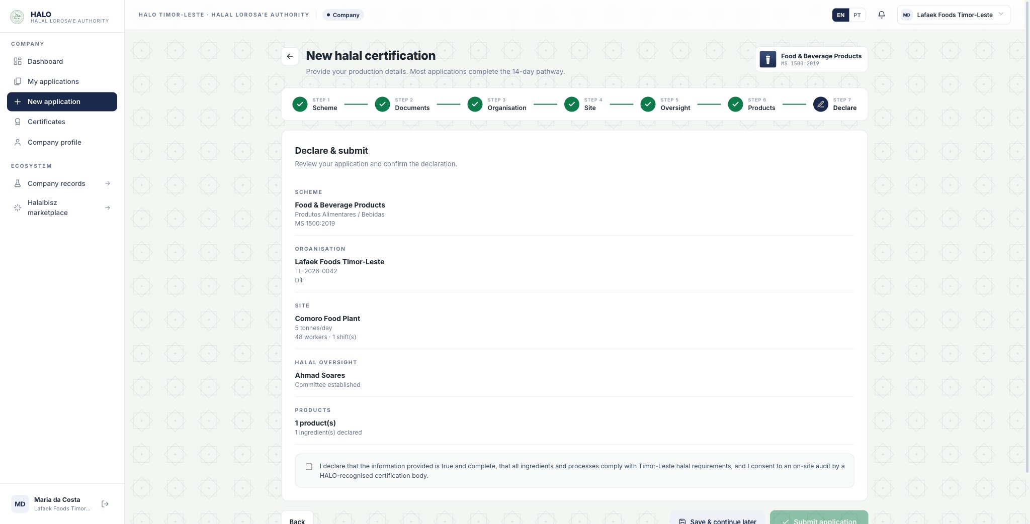 Review & declare
